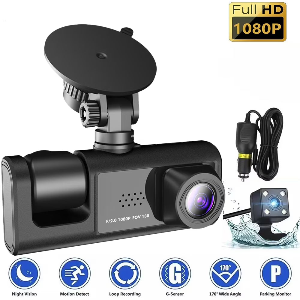 Car Dual Lens Dash Cam HD 1080P Front/Rear/Inside Video Recorder Camera G-Sensor