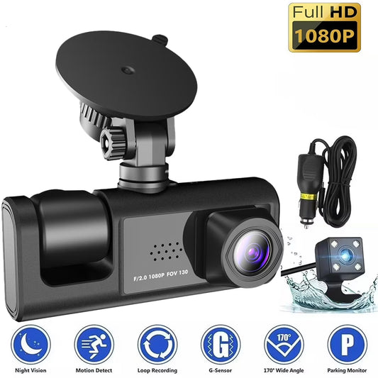 Car Dual Lens Dash Cam HD 1080P Front/Rear/Inside Video Recorder Camera G-Sensor